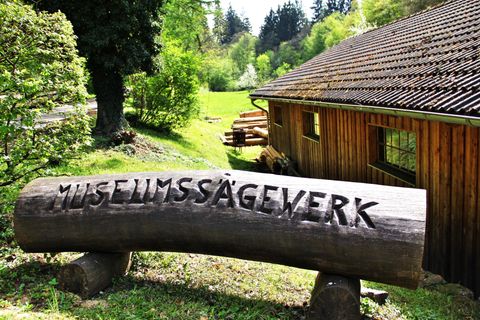 Ein Holzschild mit der Gravur "Museumsägewerk" steht vor einem rustikalen Gebäude. Im Hintergrund sind grüne Wiesen und Bäume sichtbar.