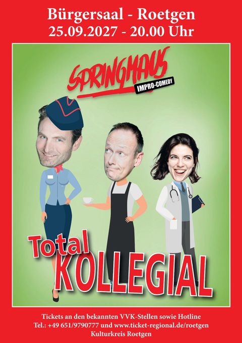 A poster-like image for an improv comedy event titled "Totally Collegial." It features three humorous characters exuding a relaxed atmosphere, as well as information about the date and location.