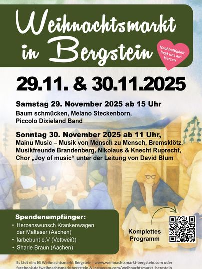Ein Werbeplakat für den Weihnachtsmarkt in Bergstein am 29. und 30. November 2025. Es zeigt Informationen zu Veranstaltungen und musikalischen Darbietungen während des Marktes.