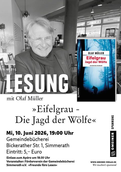 Une affiche pour une lecture avec Olaf Müller. Elle montre la couverture du livre « Eifelgrau - La Chasse des Loups » et des détails sur l'événement.