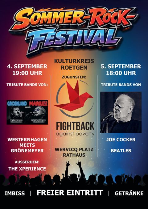 Ein Plakat für das Sommer-Rock-Festival mit Informationen zu den Veranstaltungen am 4. und 5. September. Es zeigt Tribute-Bands und einen Hinweis auf die Unterstützung von "Fightback against poverty".