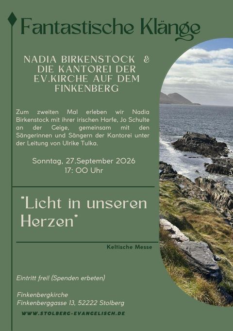 Ein Veranstaltungsposter für ein Konzert mit Nadia Birkenstock und der Kantorei der Evangelischen Kirche. Das Thema ist "Licht in unseren Herzen" und es findet am 27. September 2026 statt.