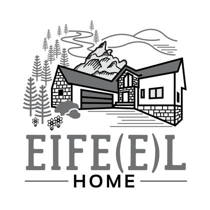 Eine stilisierte Zeichnung eines modernen Hauses in einer bergigen Landschaft. Umgeben von Bäumen und Bergen, strahlt es eine gemütliche Atmosphäre aus.