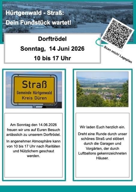 Een flyer voor een dorpsfeest in Hü r tgenwald, die informatie bevat over datum, tijd en activiteiten. Het toont ook een uitzicht op de omgeving en een bord met de plaatsnaam.