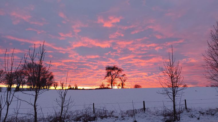 Un coucher de soleil hivernal sur un paysage enneigé. Le ciel s'illumine de couleurs éclatantes d'orange et de rose.