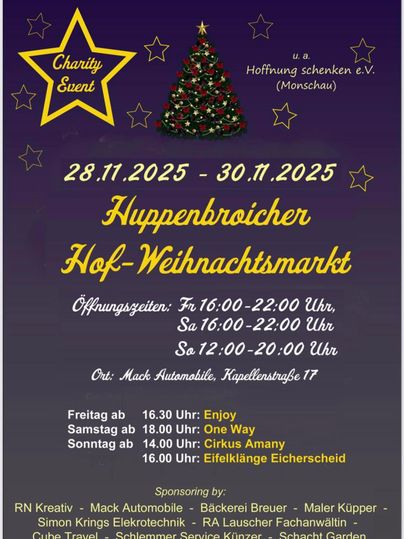 Ein Plakat für den Hoppenbroicher Hof-Weihnachtsmarkt. Es zeigt Termine, Öffnungszeiten und Veranstaltungen des Charity-Events.