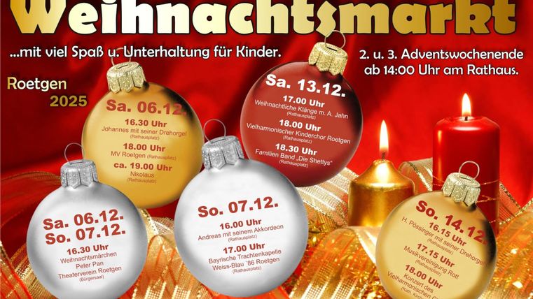 Ein bunter Weihnachtsmarkt mit verschiedenen Veranstaltungen für Kinder. Die Termine sind auf weihnachtlichen Kugeln abgebildet.
