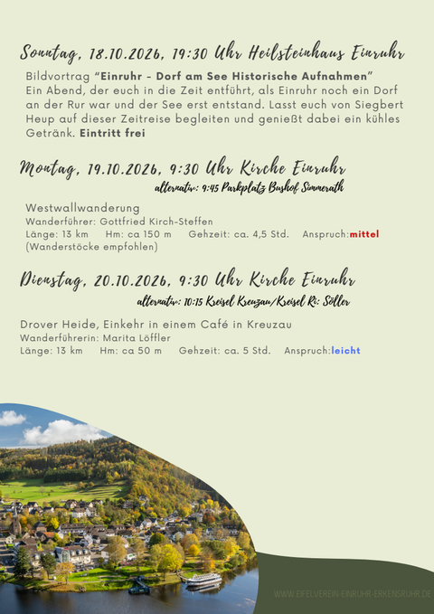 Een overzicht van evenementen met data, tijden en wandeltips. Op de afbeelding zijn een kaart en informatie over wandelingen en ontmoetingsplaatsen te zien.