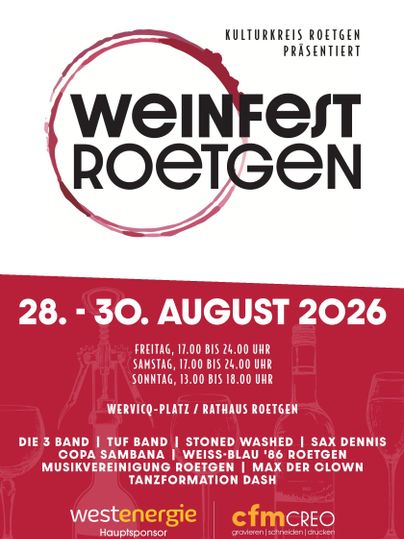 Ein Plakat für das Weinfest Roetgen. Es zeigt das Datum, die Uhrzeiten und Informationen zu den musikalischen Darbietungen.