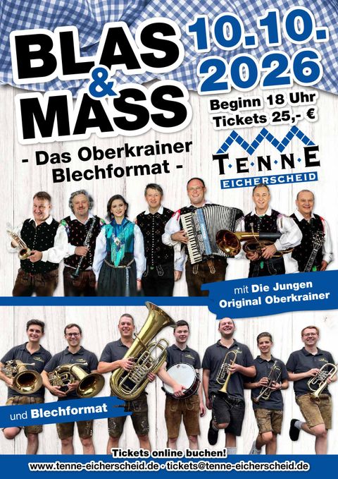 Ein Plakat für die Veranstaltung "Blas & Mass" mit Informationen über das Oberkrainer Blechformat. Es zeigt die auftretenden Musiker und enthält Datum, Uhrzeit und Ticketpreise.