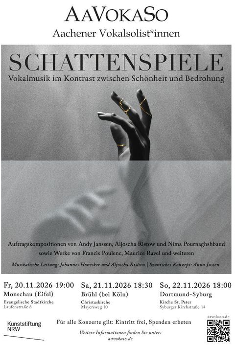 Ein Plakat für ein Musikereignis mit dem Titel "Schattenspiele". Es zeigt eine künstlerische Darstellung von Händen und kündigt verschiedene Konzerte an.