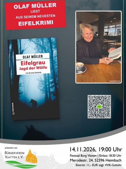 Ein Plakat für eine Lesung von Olaf Müller aus seinem neuen Eifelkrimi „Eifelgrau: Jagd der Wölfe“. Die Veranstaltung findet am 14. November 2026 in Heimbach statt.