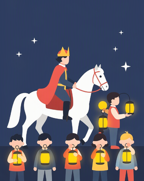Ein König auf einem weißen Pferd reitet durch die Nacht. Kinder halten Laternen und schauen gespannt zu ihm auf.