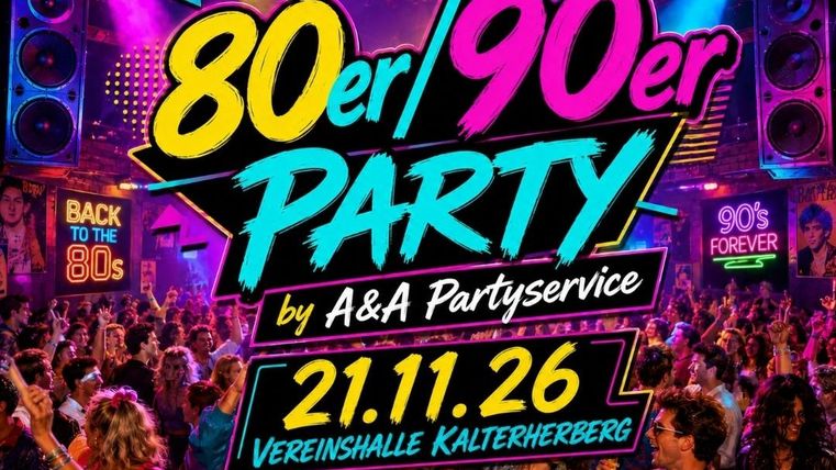 Eine bunte 80er/90er Party mit vielen Menschen, die tanzen und feiern. Lautstarke Musik und leuchtende Lichter schaffen eine ausgelassene Atmosphäre.