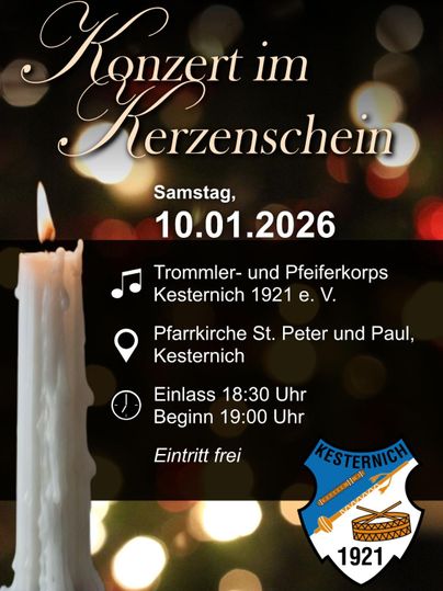 Ein Konzert im Kerzenschein findet am 10.01.2026 in der Pfarrkirche St. Peter und Paul in Kesternich statt. Der Eintritt ist frei und Einlass ist um 18:30 Uhr.