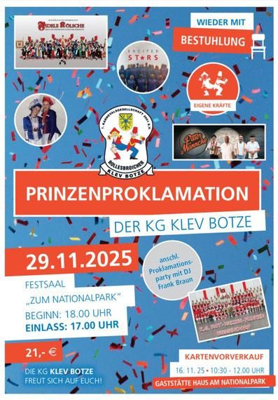 Das Bild zeigt ein Plakat für die Prinzenproklamation der KG Klev Botze am 29. November 2025. Die Veranstaltung findet im Festsaal „Zum Nationalpark“ statt und beginnt um 18 Uhr.