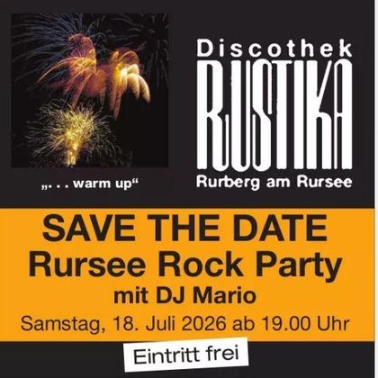 An event poster for the "Rursee Rock Party" with DJ Mario. The date is Saturday, the 18th of July 2026, and admission is free.