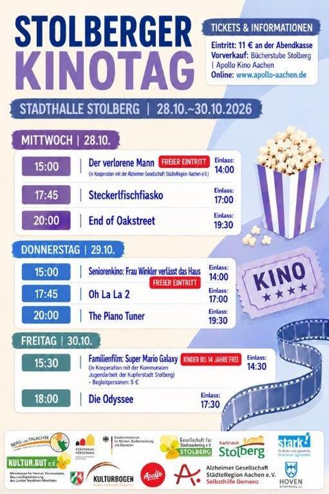 Een evenementenposter voor de Stolberger Filmdagen. Het bevat informatie over films, tijden en entreeprijzen.