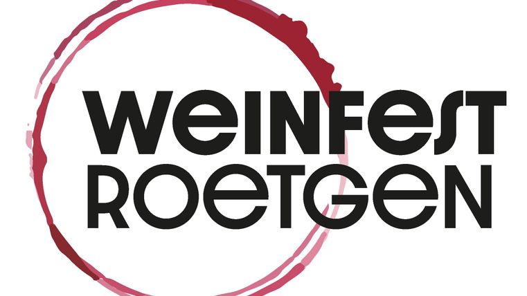 Das Bild zeigt das Logo des Weinfestes Roetgen. Es enthält den Namen "WEINFEST ROETGEN" in modernem Schriftzug und einen stilisierten Weinfleck.