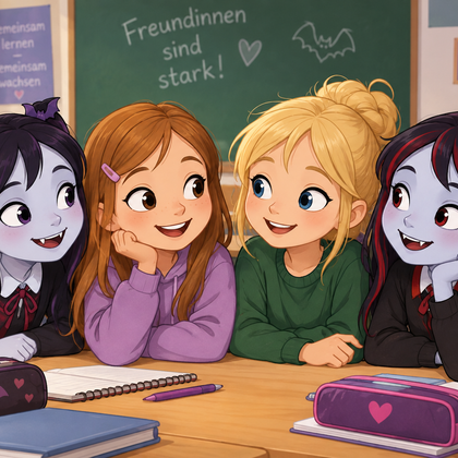 Vier fröhliche Mädchen mit verschiedenen Frisuren sitzen an einem Tisch in einem Klassenzimmer. Sie lächeln und scheinen einander zuzuhören, während Schulmaterialien vor ihnen liegen.