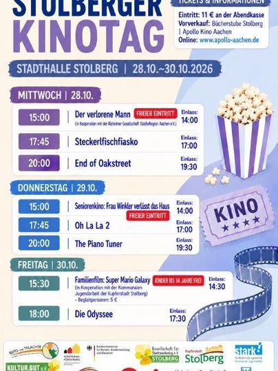 Een evenementenposter voor de Stolberger Filmdagen. Het bevat informatie over films, tijden en entreeprijzen.