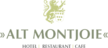 Ein elegantes Logo von "Alt Montjoie". Es repräsentiert ein Hotel, Restaurant und Café.