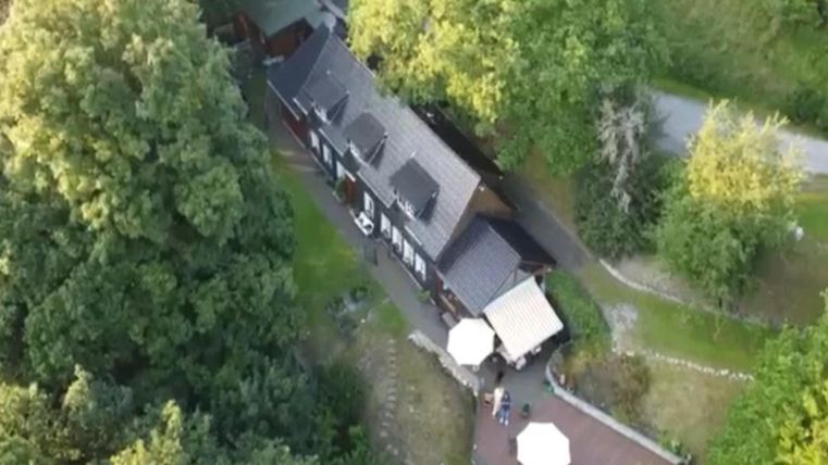 Een blik op een huis, omgeven door bomen en groenvoorzieningen. Voor het huis zijn twee parasols op een terras te zien.