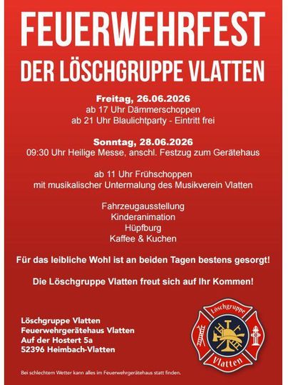 Ein Plakat für das Feuerwehrfest der Löschgruppe Vlatten. Es zeigt das Datum, Ablauf und Aktivitäten des Festes.