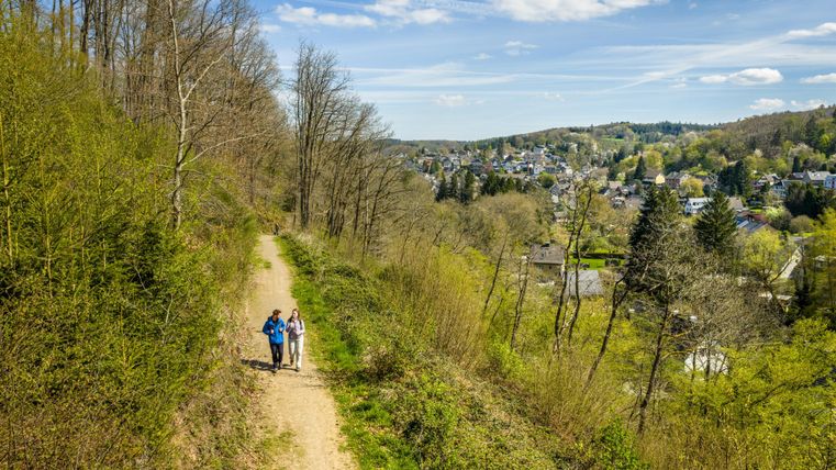 Een wandelpad in de natuur met twee personen die samen wandelen. Op de achtergrond is een kleine stad en groene bomen te zien.