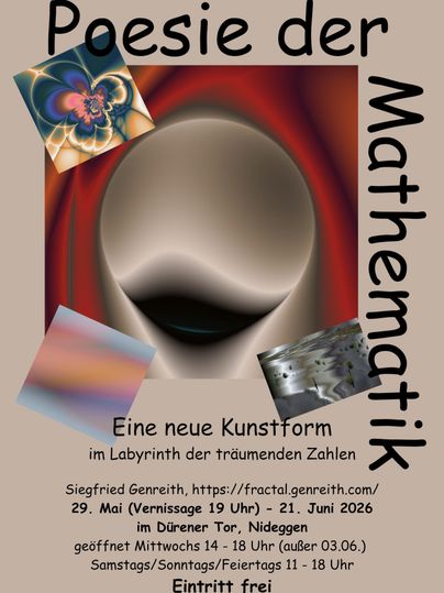 Ein Plakat für die Ausstellung "Poesie der Mathematik" mit abstrakten Kunstwerken. Es enthält Informationen zur Vernissage und Öffnungszeiten der Veranstaltung.
