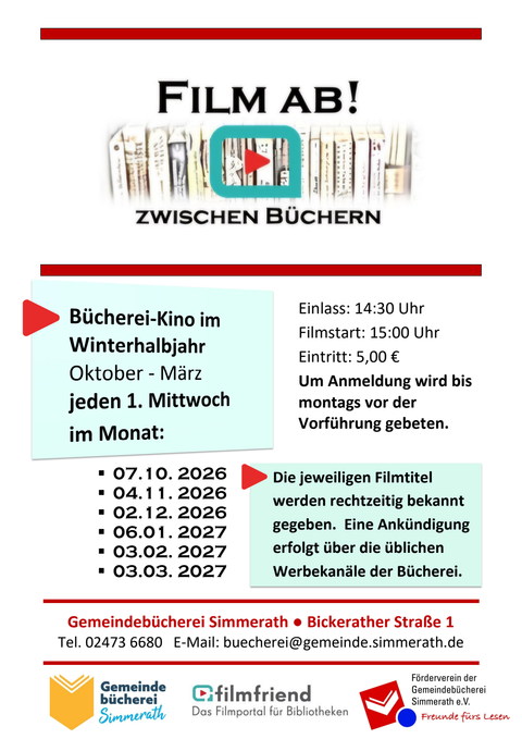 Ein Plakat für die Bücherei-Kino-Veranstaltung mit Informationen zu Terminen, Eintrittspreisen und Kontaktdaten. Es zeigt das Programm für Filmvorführungen zwischen Oktober und März.