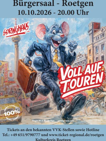 Ein fröhlicher Maus-Charakter trägt einen Anzug und eine Aktentasche. Im Hintergrund sind eine Stadtlandschaft und ein Turm zu sehen, während das Event "Voll auf Touren" beworben wird.