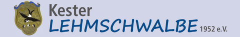 Ein Logo der Kester Lehmschwalbe 1952 e.V. mit einem stilisierten Vogel. Der Schriftzug ist in blauer und grauer Schrift gehalten.