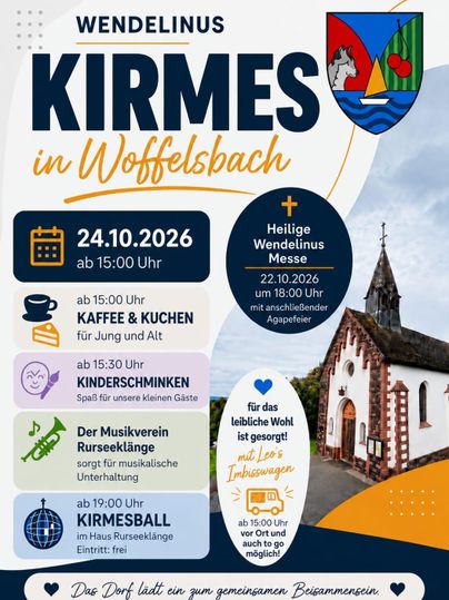 Eine Werbung für die Kirmes in Woffelsbach am 24. Oktober 2026. Das Fest bietet Kaffee und Kuchen, Kinderschminken und einen Kirmesball.