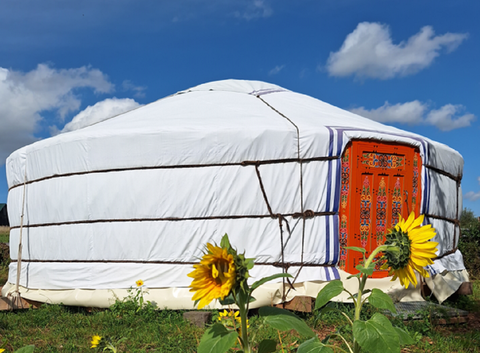Ein traditionelles, weißes Jurtenzelt mit einer orangefarbenen Tür steht auf einer Wiese. Im Vordergrund blühen Sonnenblumen unter einem klaren blauen Himmel.