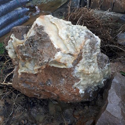 Ein großer, unregelmäßiger Fels mit einer rauen Oberfläche und hellen Mineralien. Er liegt auf der Erde, umgeben von trockenem Gras und anderen Felsen.