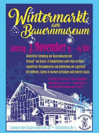Een flyer voor de wintermarkt bij het boerenevenement. Hij biedt informatie over de datum van het evenement, verkoopstands en een gezellige samenkomst.