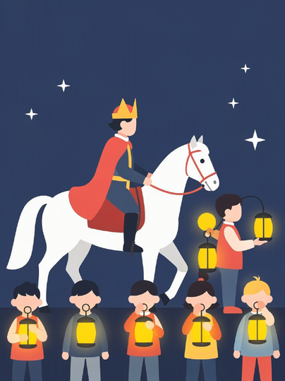 Een koning op een wit paard rijdt door de nacht. Kinderen met lantaarns kijken gefascineerd toe.