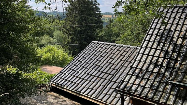 Een uitzicht op een dak met leisteenachtige platen, omgeven door bomen en groen. Op de achtergrond zijn zachte heuvels en een heldere lucht te zien.