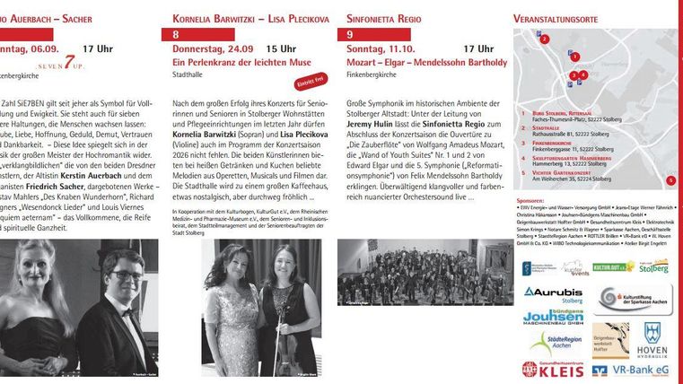 Ein informatives Faltblatt mit Veranstaltungsdetails und Bildern von Künstlern. Es enthält Informationen zu einem Event in 2026.