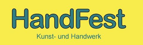 Ein fröhliches gelbes Logo mit der Aufschrift „HandFest“. Es steht für Kunst und Handwerk.