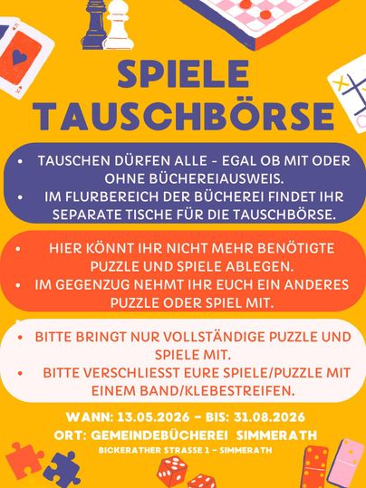 A colorful poster for a game exchange event at the Simmerath Community Library. It includes information about the event dates and conditions for exchanging games and puzzles.