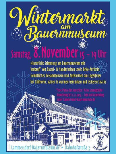 Ein farbenfrohes Plakat für den Wintermarkt am Bauernmuseum. Der Markt findet am 8. November von 15 bis 19 Uhr statt und bietet handgefertigte Artikel sowie Köstlichkeiten und Getränke.