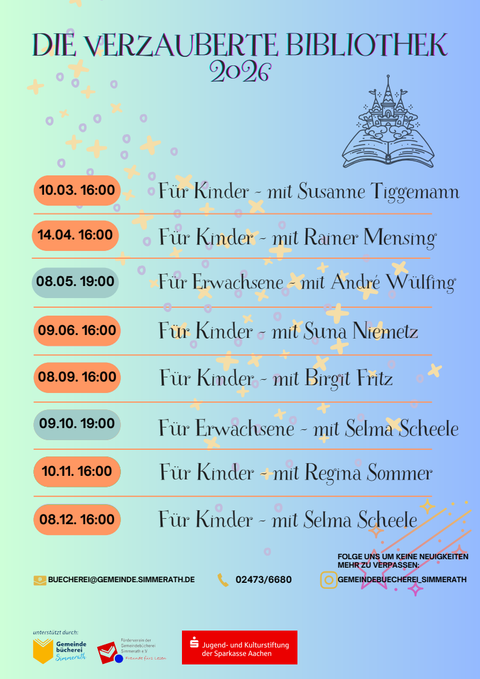 Ein bunter Veranstaltungskalender für die "Verzauberte Bibliothek 2026". Es werden verschiedene Programme für Kinder und Erwachsene angeboten.