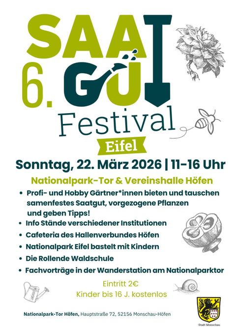 Ein Banner für das 5. Saatgut-Festival in der Eifel. Es findet am Sonntag, den 16. März 2025, von 11 bis 17 Uhr im Nationalpark-Tor und der Vereinshalle Höfen statt.