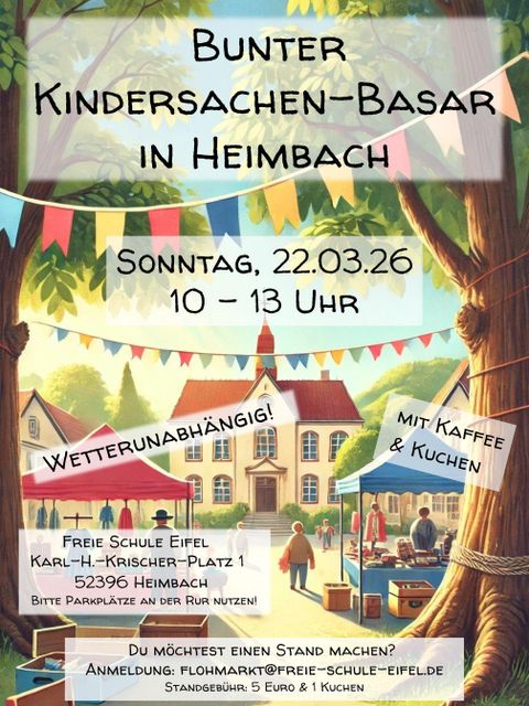 Bunter Kindersachen-Basar in Heimbach mit bunten Festdekorationen. Am Sonntag, den 22.03.26 von 10 bis 13 Uhr, mit Kaffee und Kuchen.