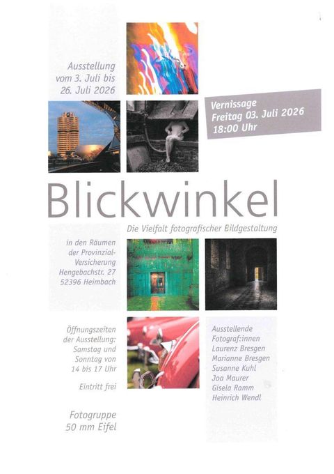 Eine Einladung zu einer Fotoausstellung mit dem Titel "Blickwinkel". Die Vernissage findet am 3. Juli 2026 in Hemmelsbach statt.