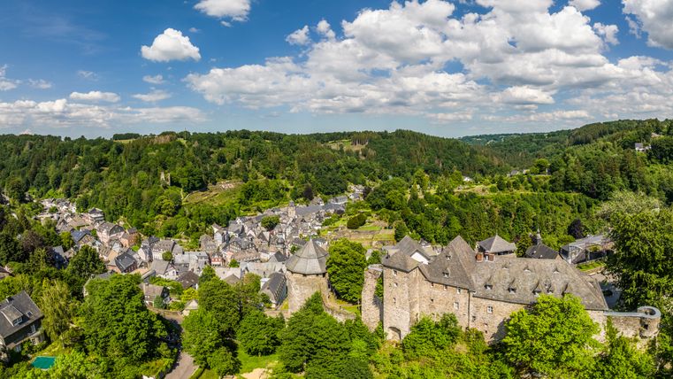 Vue panoramique de Monschau avec son château et son paysage verdoyant.