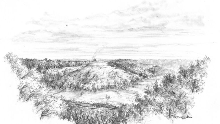 Un paysage esquissé avec des collines douces et des arbres. Le ciel est partiellement nuageux et dégage une atmosphère paisible.