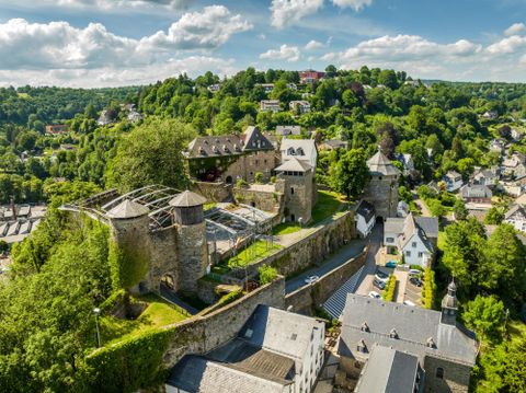 Un château historique entouré de forêts verdoyantes et de petites maisons. Le ciel est clair et ensoleillé.